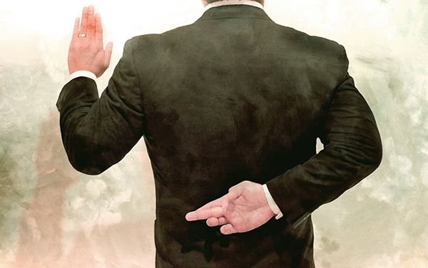 Editorial style illustration of a business man or politician taking an oath. This is a two part illustration.